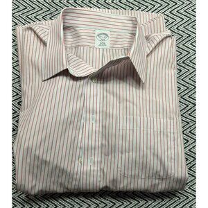Brooks Brothers Mens Slim Fit Red & White Striped Dress Shirt 17.5 34/35 Cotton